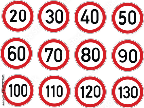 Traffic sign speed limit from 20 to 130 kilometers per hour