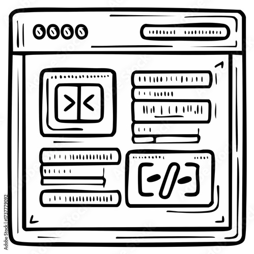 Doodle style illustration of a software window showing programming code and interface elements
