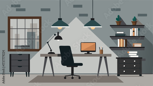 A home office with a concrete desk and shelves complemented by a black leather chair and industrial pendant lights.