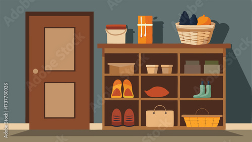 A mudroom with handmade baskets and a handcarved wooden shoe rack providing functional organization with a touch of craftsmanship.