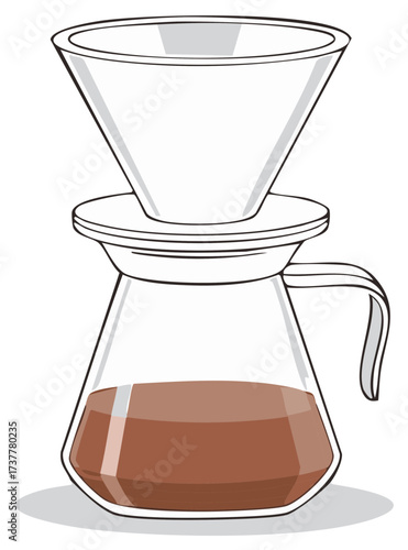 Glass pour over coffee maker with dripper cone and freshly brewed coffee illustration