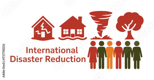  Disaster awareness illustration with earthquake, flood, tornado, environment, and community icons for International Disaster Reduction Day