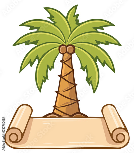 Tropical Palm Tree with Blank Scroll for Text and Island Paradise Illustration