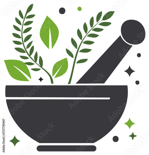 Mortar and pestle with fresh green herbs icon for natural medicine and wellness