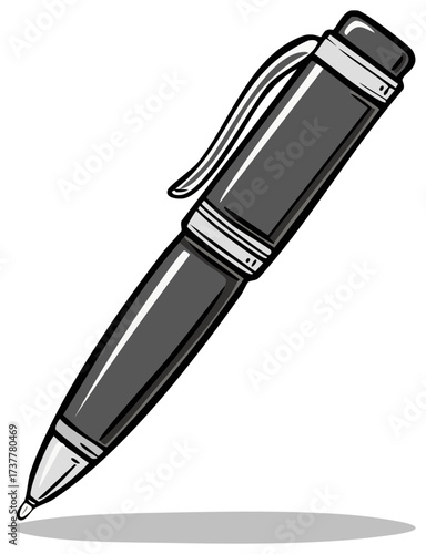 A classic black and silver ballpoint pen shown in a bold cartoon vector illustration style