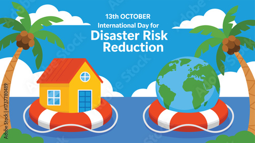Disaster risk reduction illustration with lifebuoys under house and globe, promoting safety and awareness for October 13 observance 