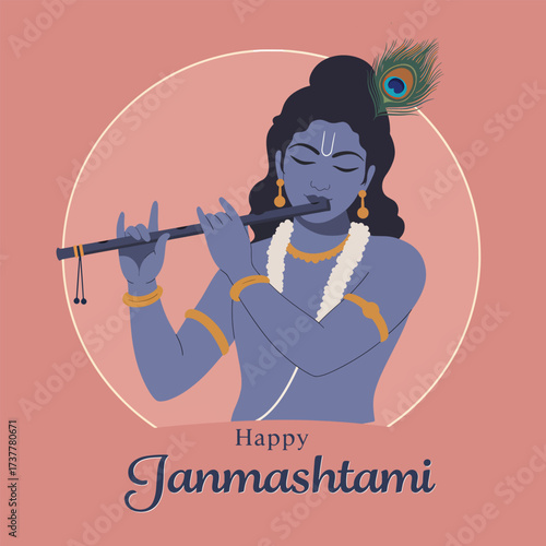 Janmashtami Lord Krishna Playing Flute Celebration Vector Illustration