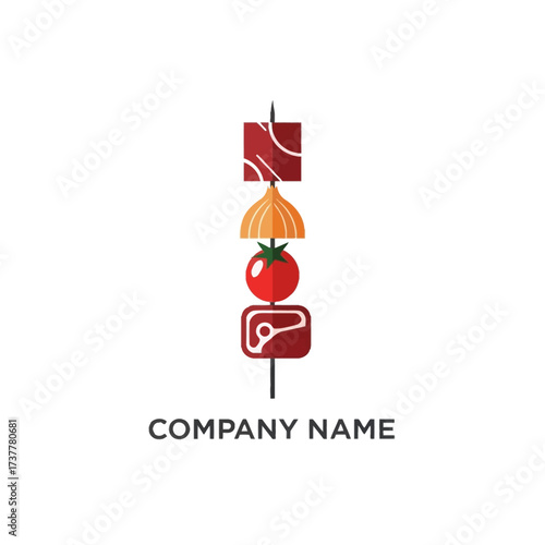 Grilled Skewer Logo with Meat, Onion, and Tomato.
