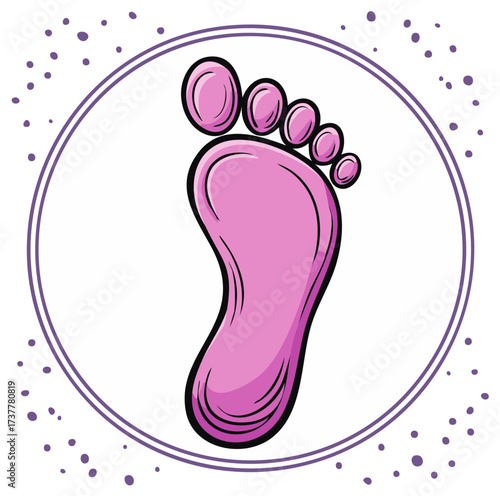 Cartoon foot print inside of a circle, with purple details and a white background.