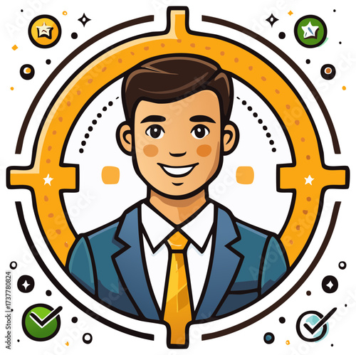 Businessman in a target crosshair illustration for customer focus and ideal candidate selection