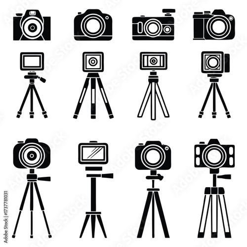 Icon set photography and videography camera and tripod equipment icons for creative projects 