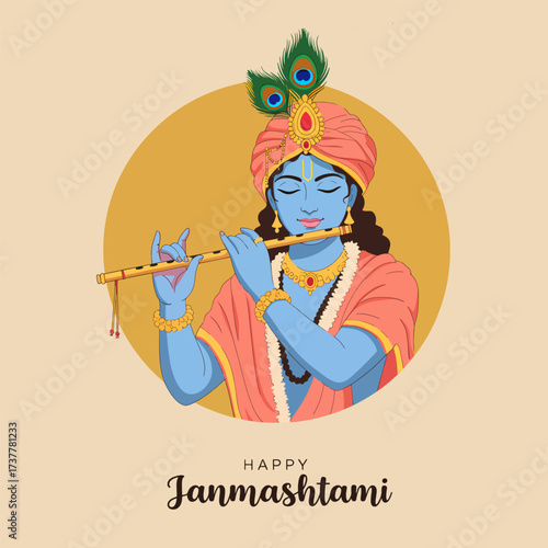 Lord Krishna Playing Flute for Happy Janmashtami Hindu Festival Celebration