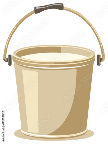 Beige bucket with handle. Container holding liquid or water. Rustic or country decoration item. Storage and carrying of liquids.