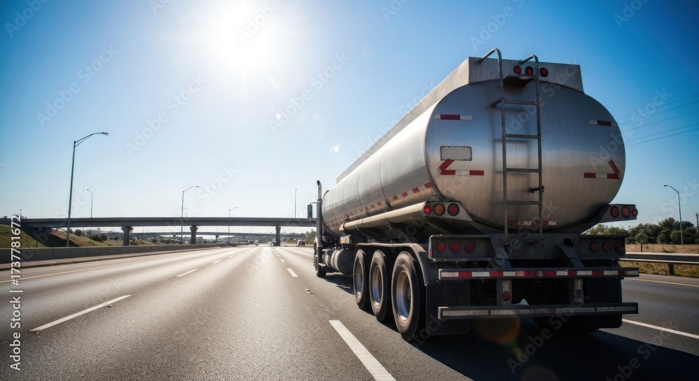 Fototapeta premium Silver tanker truck driving on highway under blue sky, bright sun