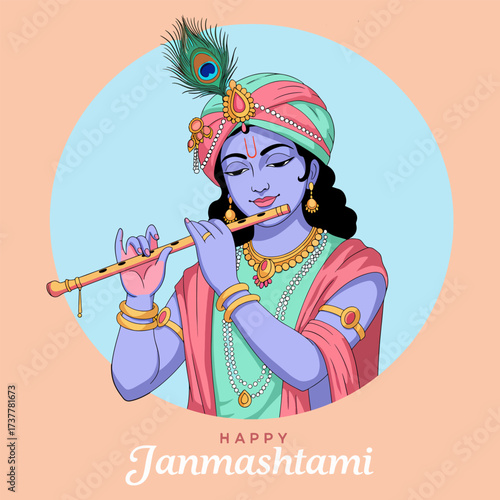 Happy Janmashtami Lord Krishna Playing Flute Illustration Design