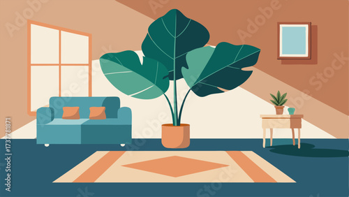 A modern living space with a geometric rug and a large fiddle leaf fig tree as the focal point.