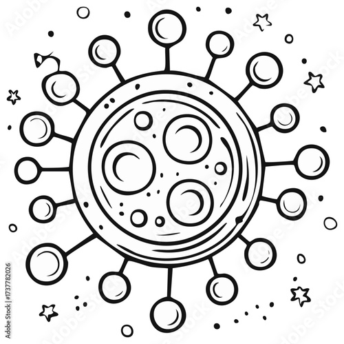 Cartoon planet resembling a virus cell with craters and a flag in space black and white doodle illustration