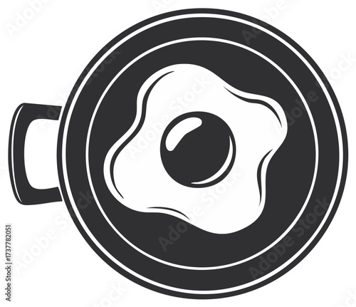 Simple black and white illustration of a delicious fried egg cooking in a pan overhead view