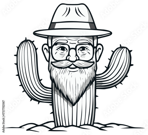 Quirky Cactus Man Illustration with Hat, Beard and Glasses Funny Desert Character