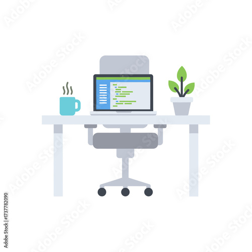 Home Office Setup with Laptop, Coffee, and Plant on Desk.