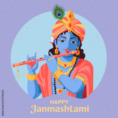 Lord Krishna Playing Flute, Happy Janmashtami Hindu Festival Celebration Vector