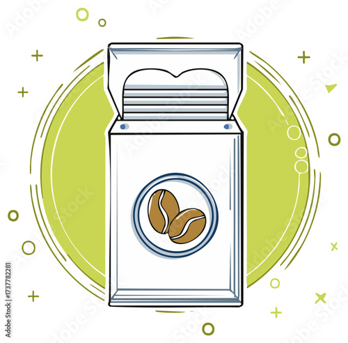 Open carton of coffee beans with green circle and abstract elements