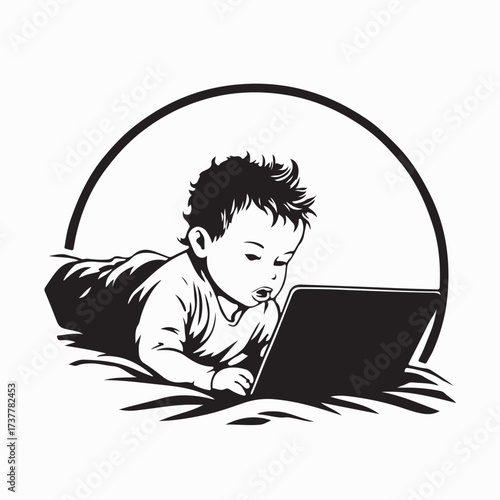 Boy Playing Laptop Games Sitting Relaxed on Bed Vectot