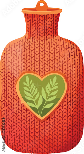 A cozy, red, knitted hot water bottle with a heart and leaf design. A vector illustration for concepts of comfort, warmth, and wellness. Generative AI