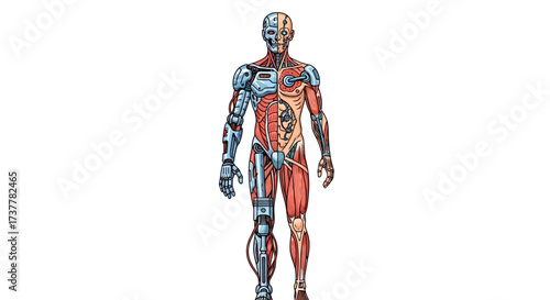 Humanoid Robot with Half Mechanical and Half Biological Anatomy.