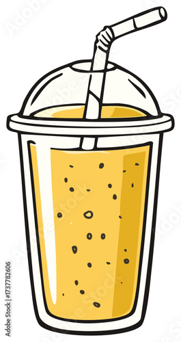 Yellow fruit smoothie in a takeaway cup with a straw cartoon vector illustration
