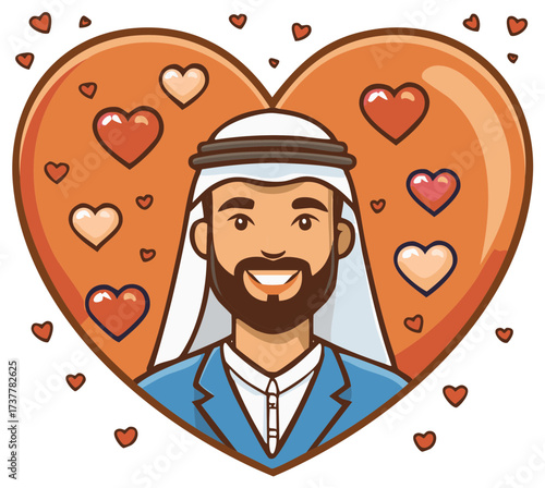 Smiling Arab man in traditional keffiyeh headdress inside a romantic love heart frame illustration