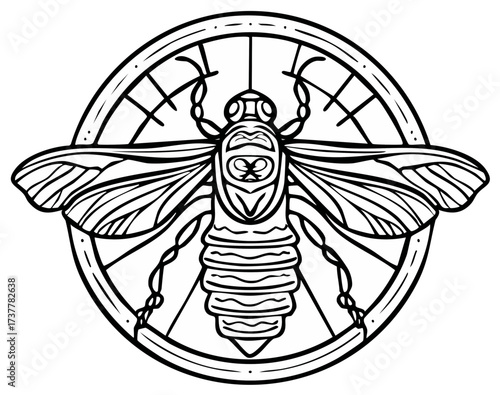 Stylized bee insect in a circular geometric frame black and white line art illustration