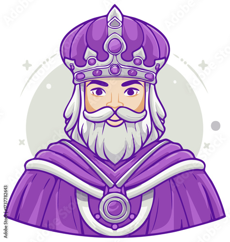 Cartoon King Portrait with Crown, Purple Robe, White Beard and Mustache, Vector Illustration