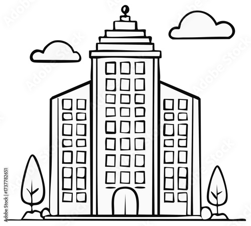 Doodle style multistory building with trees and clouds outline illustration