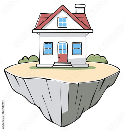 Cartoon house situated on a floating island with grass and trees