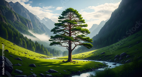 majestic tree in lush mountain valley with river