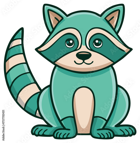 Charming teal and cream colored cartoon raccoon character sitting illustration