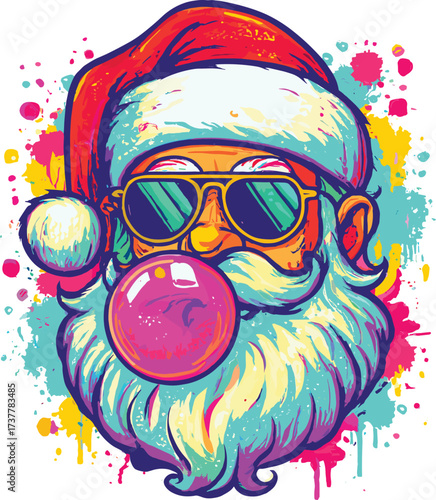 Graffiti-style Santa Claus vector illustration, colorful pop art design with bubble gum, sunglasses, multicolored beard, perfect for modern festive content