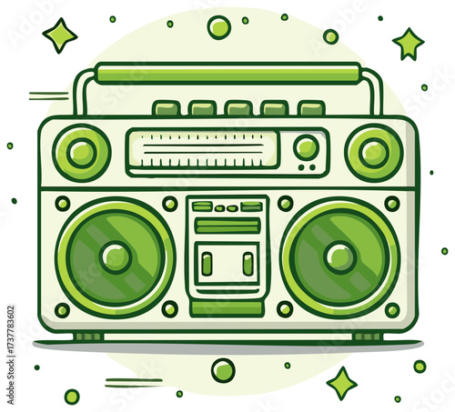 Funky green retro boombox stereo illustration with speakers and cassette player. Vintage 80s ghetto blaster cartoon.