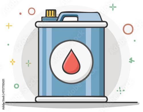 Oil can cartoon illustration with stylized drop symbol, vector graphic