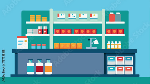 A pharmacy counter with shelves stocked with various medications and supplements.