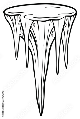 Black and white illustration of an icicle, hanging with drips.