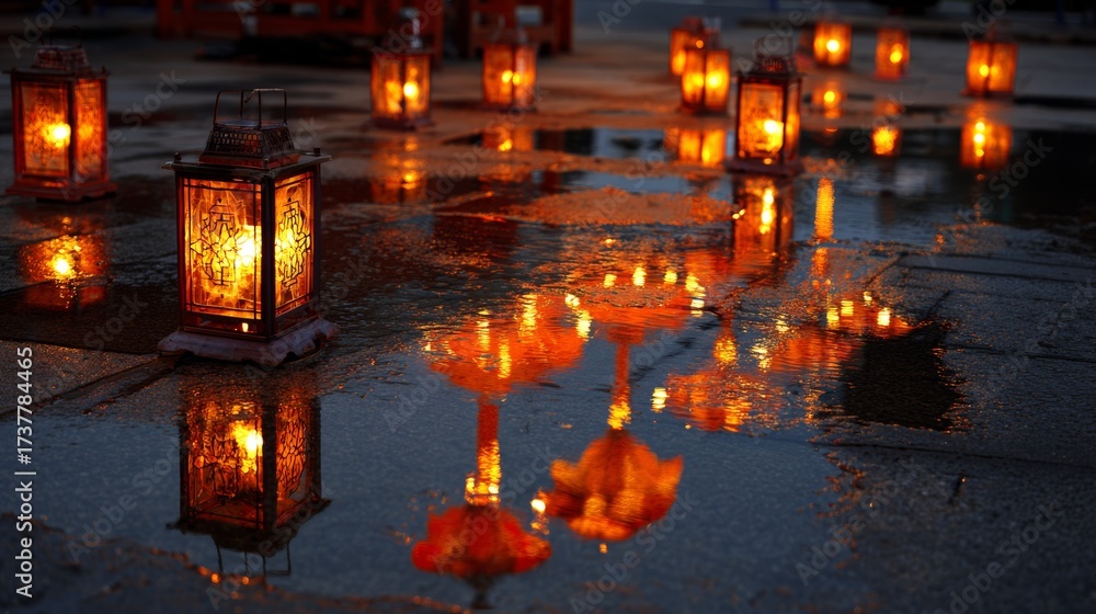 Fototapeta premium Glowing lanterns reflecting in puddles on a wet stone pathway at night
