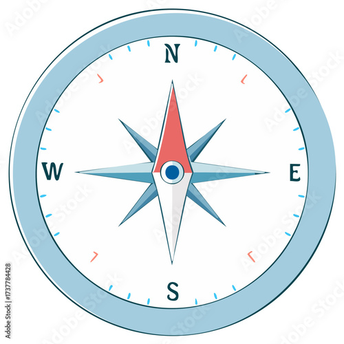 Stylized compass with a red and blue needle indicating cardinal directions N S E W for guidance