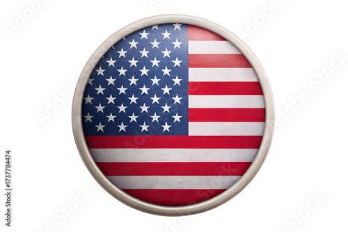 Oval shaped american flag emblem with distressed texture isolated on transparent background