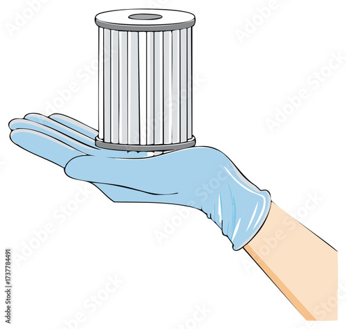 Illustration of a hand in a blue protective glove holding a clean filter cartridge
