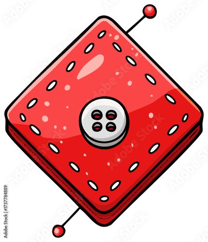 Illustration of a red pincushion with a button, pins, and decorative stitching.