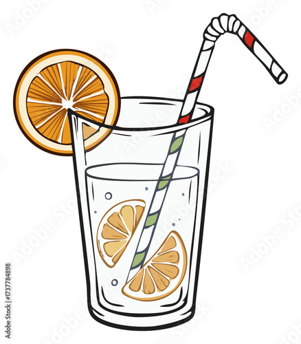 Refreshing orange slice drink with striped straw and bubbles