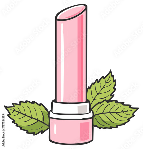 Cartoon lipstick with mint leaves, beauty concept