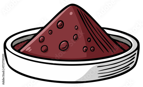 Vivid cartoon illustration of a dark red spice or cocoa powder mound in a white dish